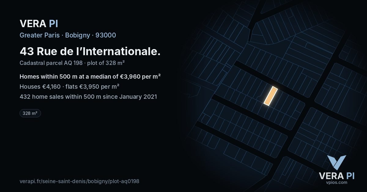 43 Rue de l’Internationale, Bobigny at night – the plot lit, the parcels around coloured by the prices near them