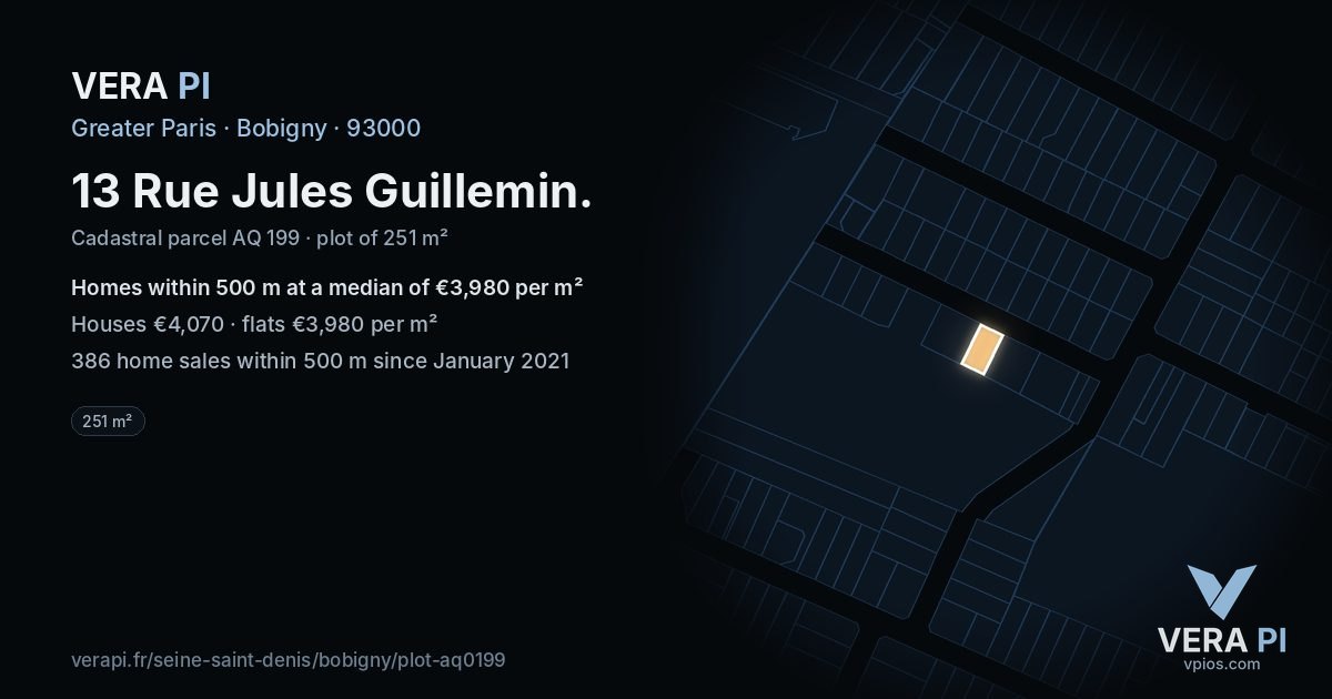 13 Rue Jules Guillemin, Bobigny at night – the plot lit, the parcels around coloured by the prices near them