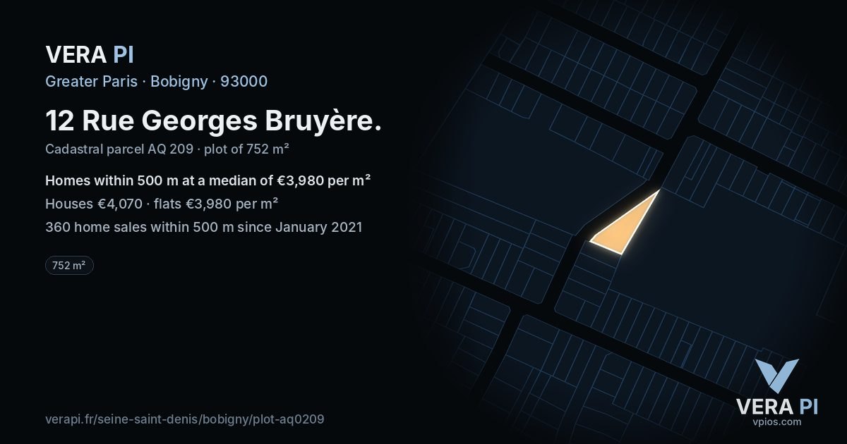 12 Rue Georges Bruyère, Bobigny at night – the plot lit, the parcels around coloured by the prices near them