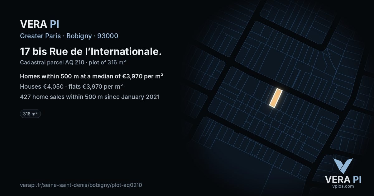 17 bis Rue de l’Internationale, Bobigny at night – the plot lit, the parcels around coloured by the prices near them