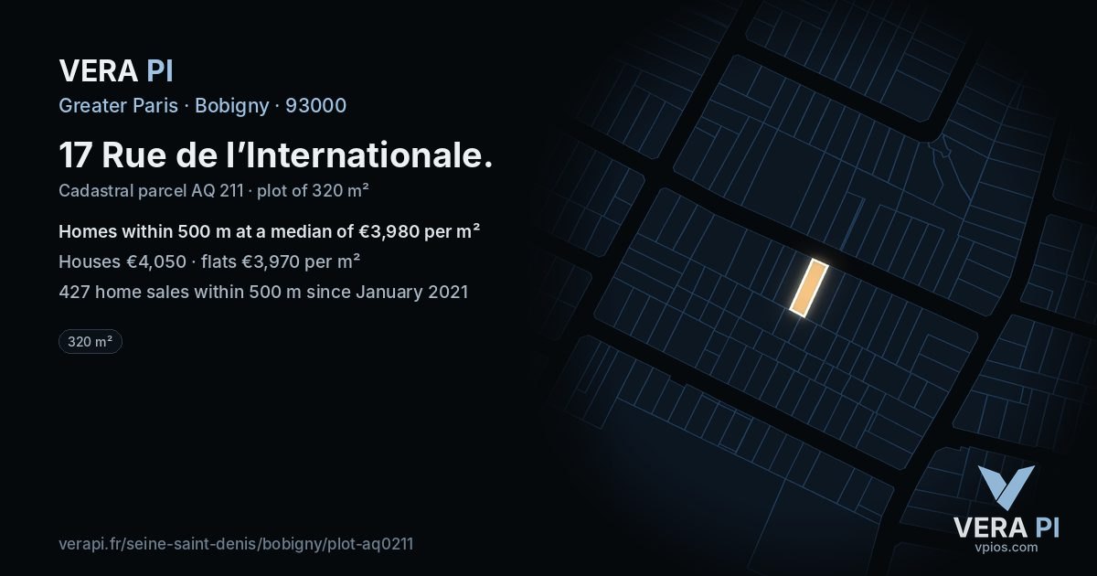 17 Rue de l’Internationale, Bobigny at night – the plot lit, the parcels around coloured by the prices near them