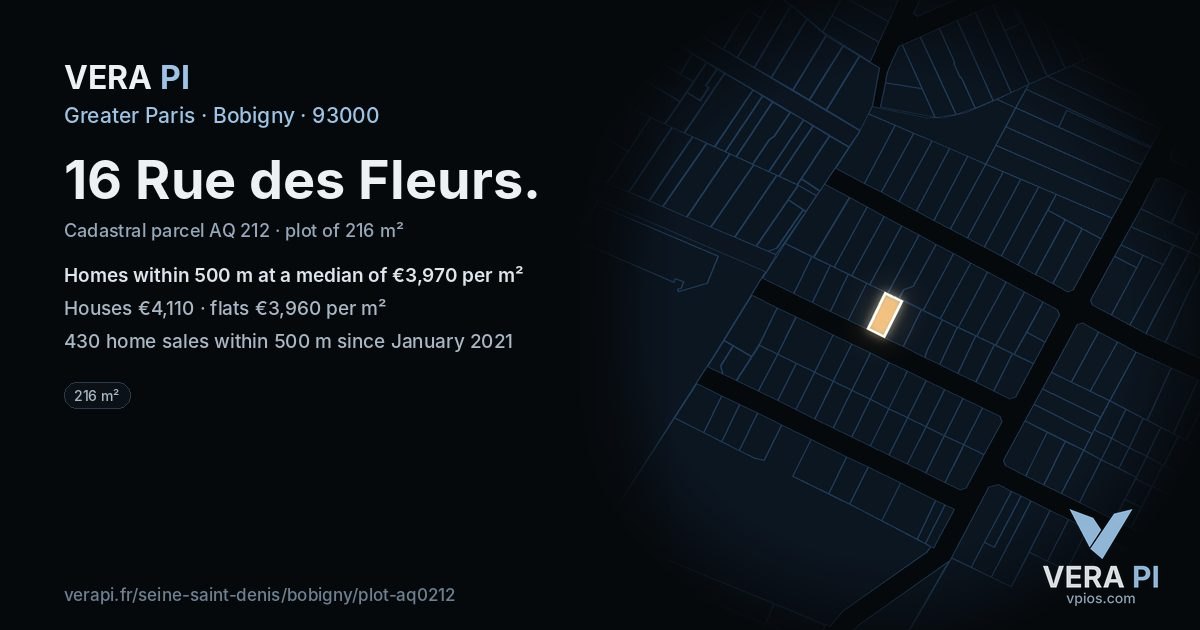 16 Rue des Fleurs, Bobigny at night – the plot lit, the parcels around coloured by the prices near them