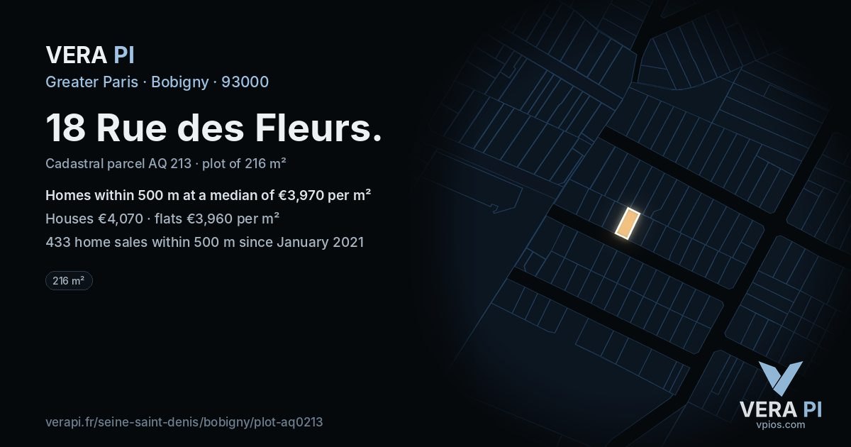 18 Rue des Fleurs, Bobigny at night – the plot lit, the parcels around coloured by the prices near them