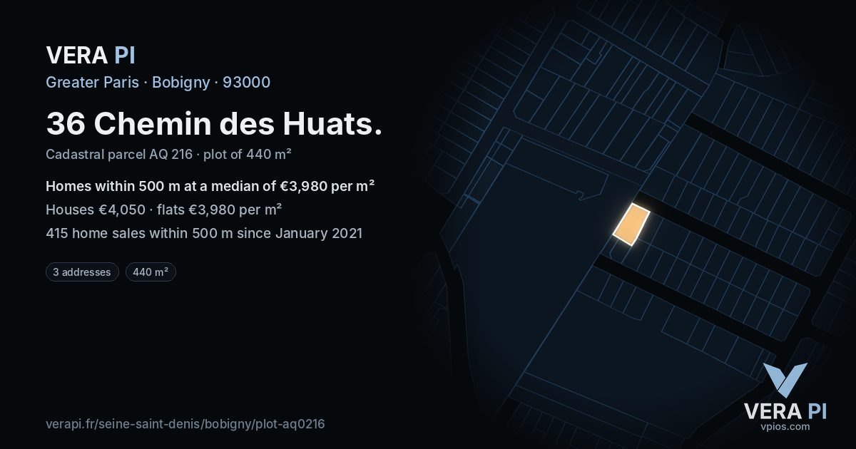 36 Chemin des Huats, Bobigny at night – the plot lit, the parcels around coloured by the prices near them