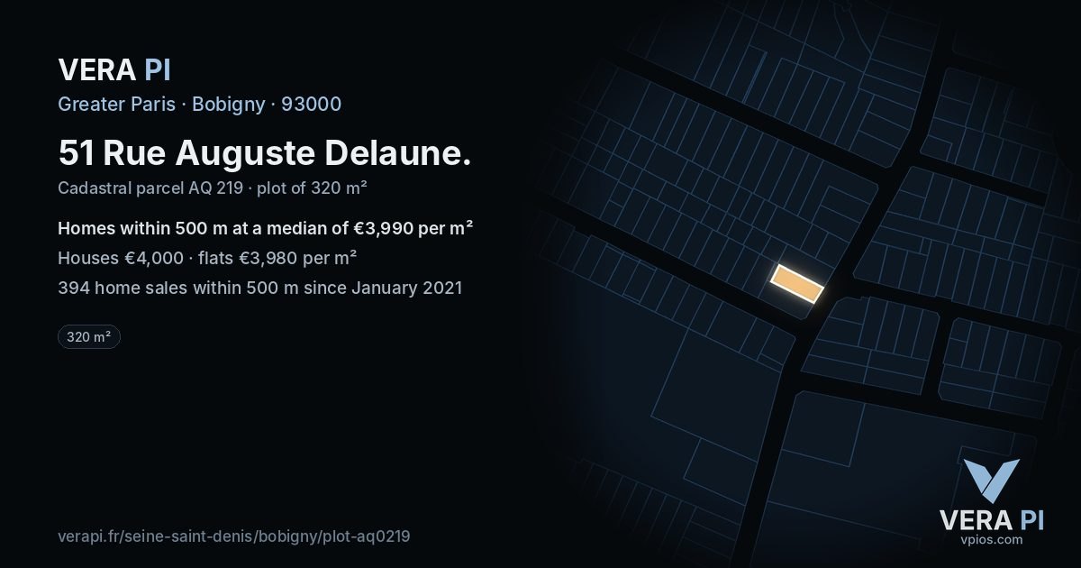 51 Rue Auguste Delaune, Bobigny at night – the plot lit, the parcels around coloured by the prices near them