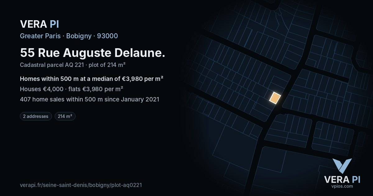 55 Rue Auguste Delaune, Bobigny at night – the plot lit, the parcels around coloured by the prices near them