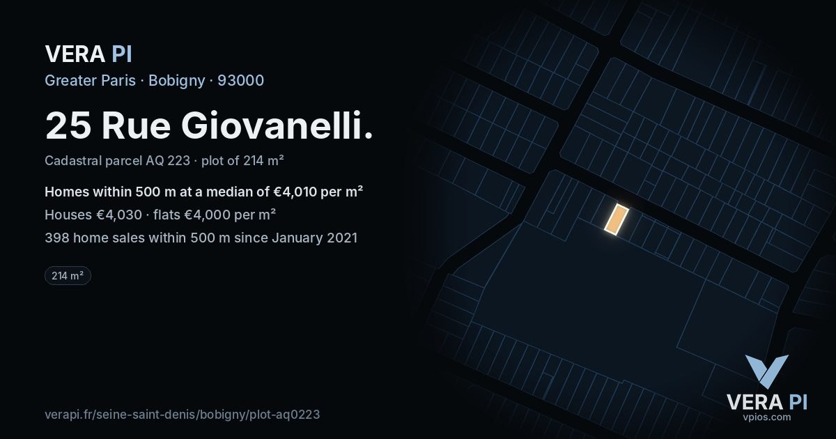 25 Rue Giovanelli, Bobigny at night – the plot lit, the parcels around coloured by the prices near them