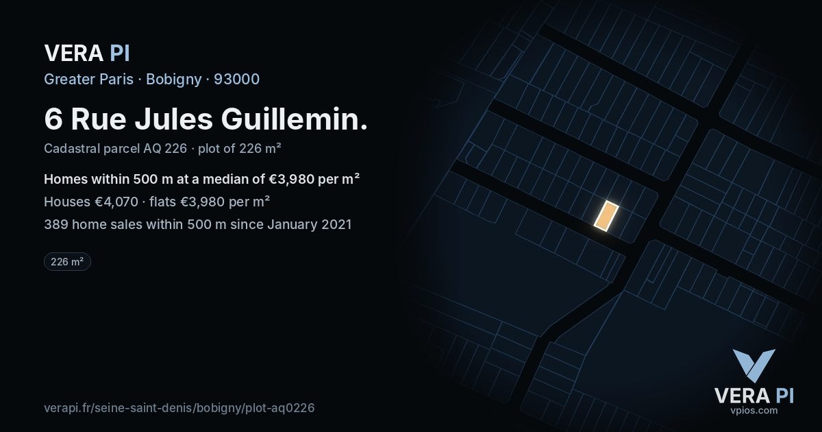 6 Rue Jules Guillemin, Bobigny at night – the plot lit, the parcels around coloured by the prices near them