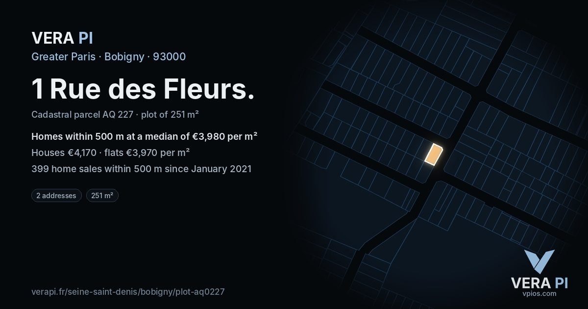1 Rue des Fleurs, Bobigny at night – the plot lit, the parcels around coloured by the prices near them