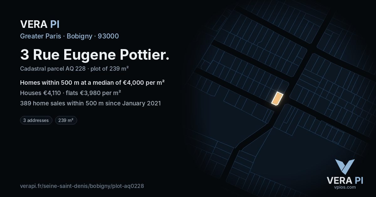 3 Rue Eugene Pottier, Bobigny at night – the plot lit, the parcels around coloured by the prices near them