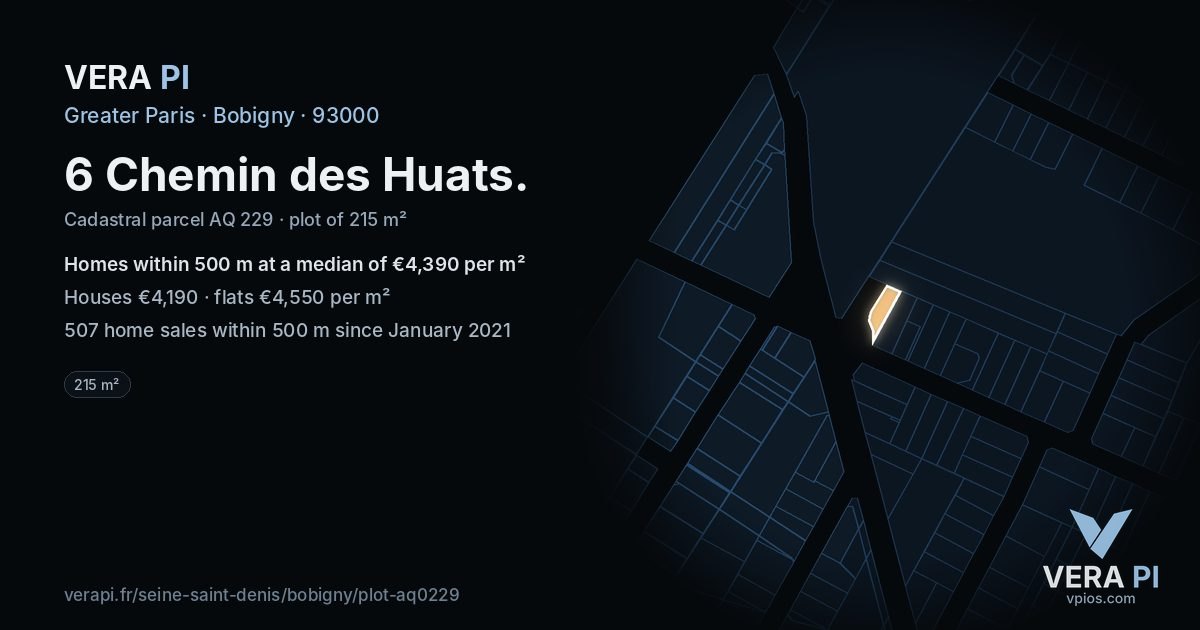 6 Chemin des Huats, Bobigny at night – the plot lit, the parcels around coloured by the prices near them