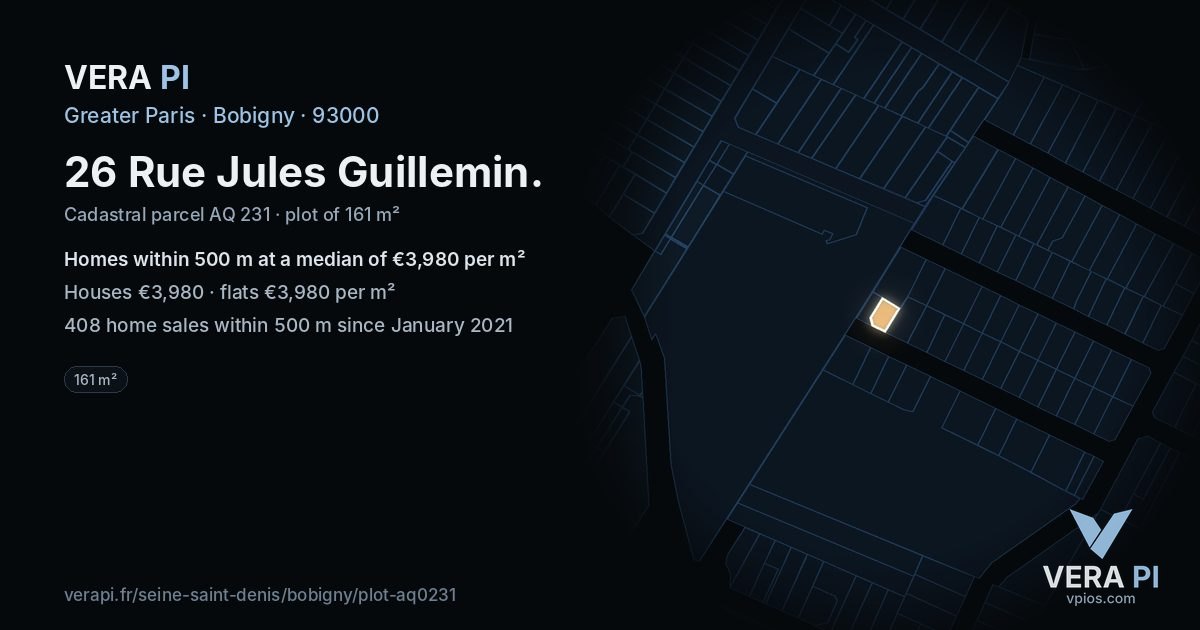 26 Rue Jules Guillemin, Bobigny at night – the plot lit, the parcels around coloured by the prices near them