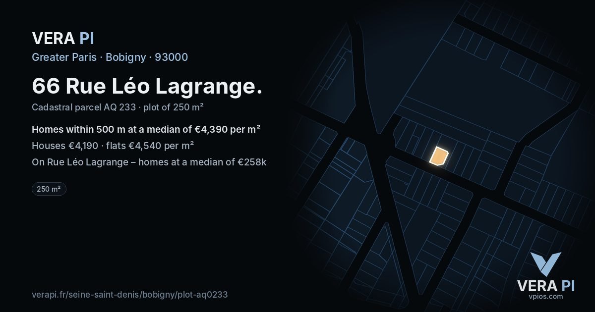66 Rue Léo Lagrange, Bobigny at night – the plot lit, the parcels around coloured by the prices near them