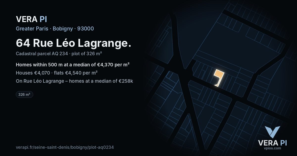 64 Rue Léo Lagrange, Bobigny at night – the plot lit, the parcels around coloured by the prices near them