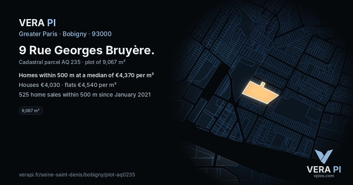 9 Rue Georges Bruyère, Bobigny at night – the plot lit, the parcels around coloured by the prices near them