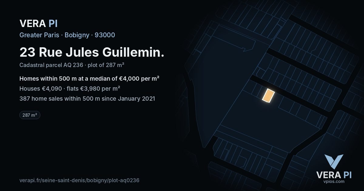 23 Rue Jules Guillemin, Bobigny at night – the plot lit, the parcels around coloured by the prices near them