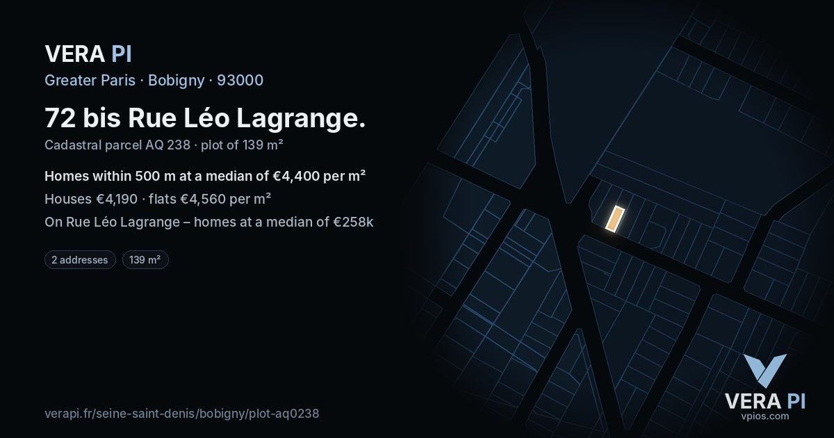 72 bis Rue Léo Lagrange, Bobigny at night – the plot lit, the parcels around coloured by the prices near them