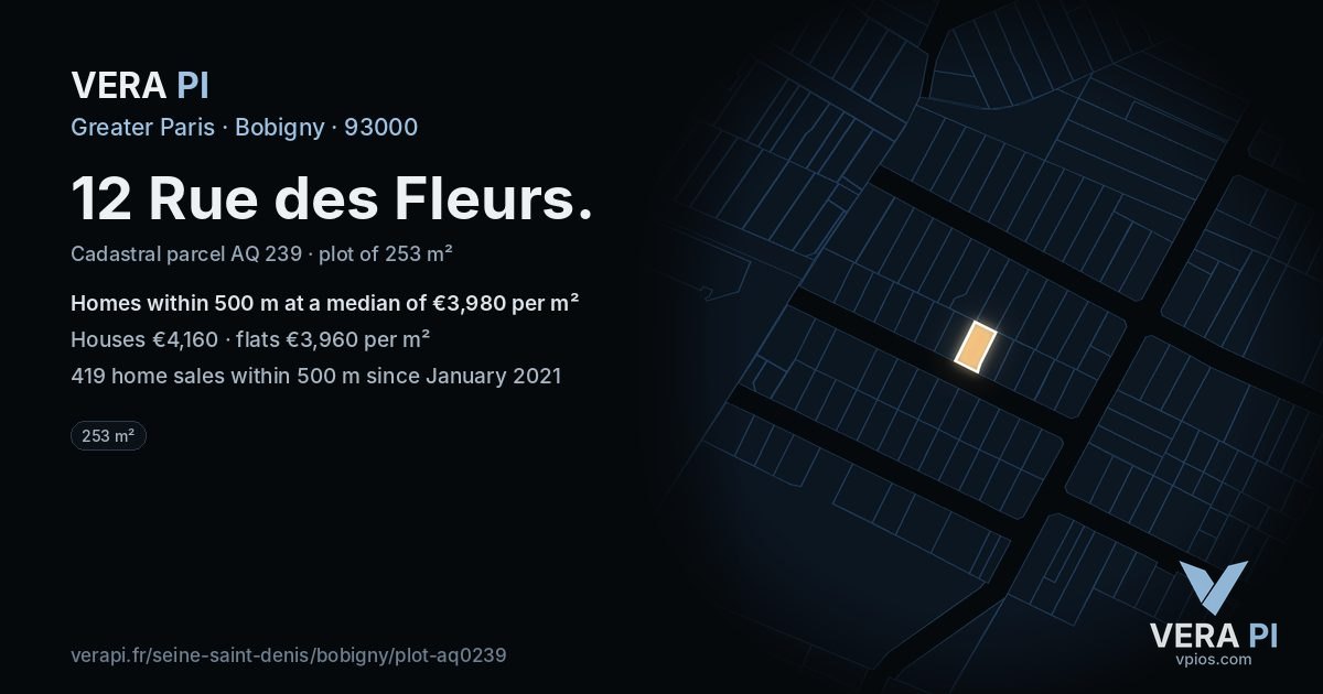 12 Rue des Fleurs, Bobigny at night – the plot lit, the parcels around coloured by the prices near them