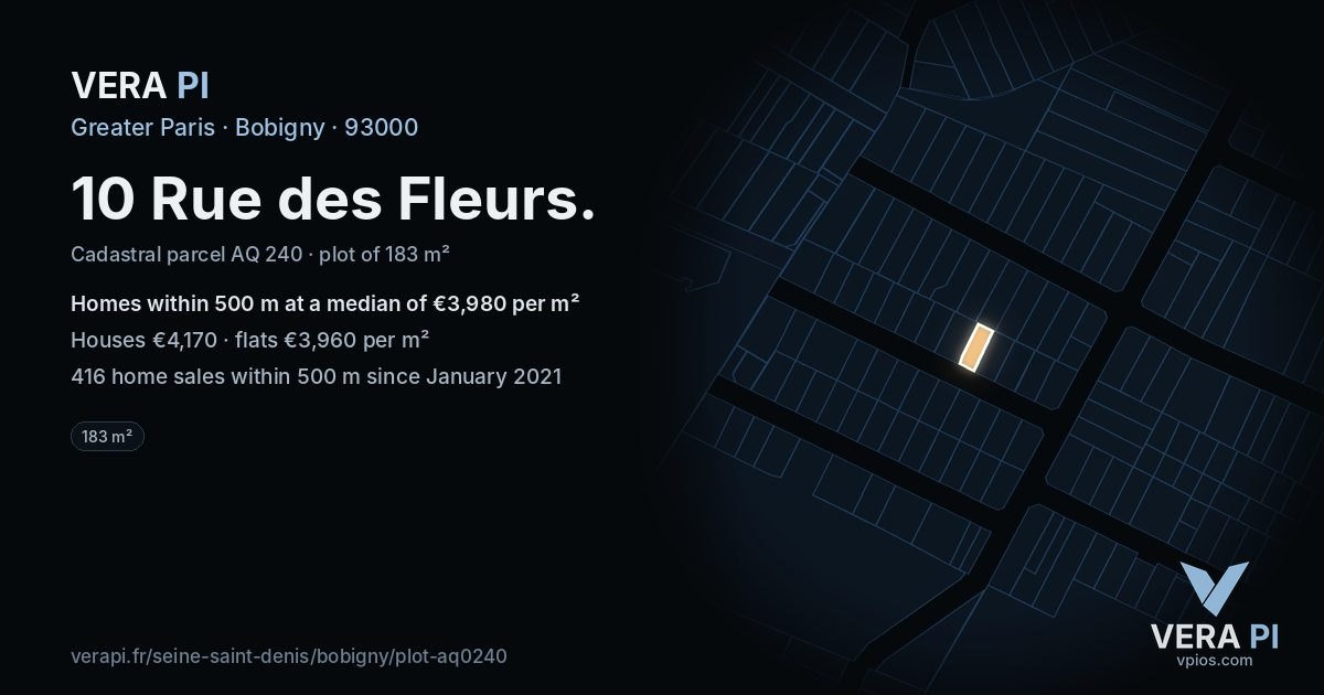 10 Rue des Fleurs, Bobigny at night – the plot lit, the parcels around coloured by the prices near them