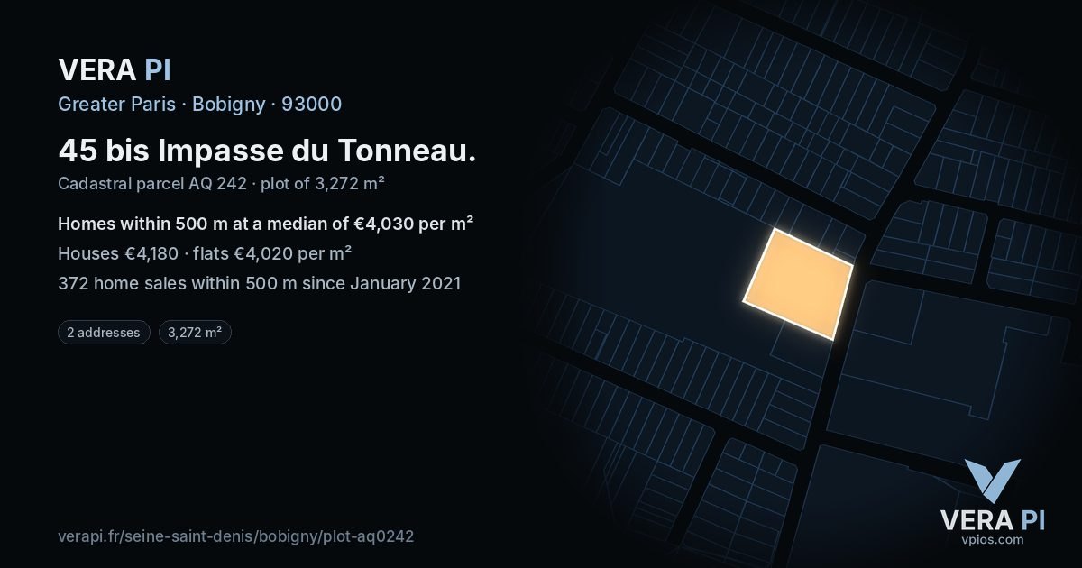 45 bis Impasse du Tonneau, Bobigny at night – the plot lit, the parcels around coloured by the prices near them