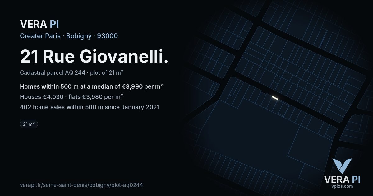21 Rue Giovanelli, Bobigny at night – the plot lit, the parcels around coloured by the prices near them