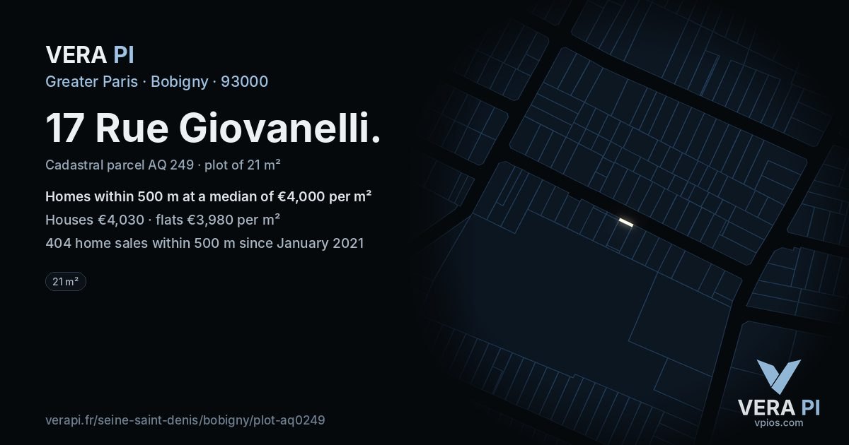 17 Rue Giovanelli, Bobigny at night – the plot lit, the parcels around coloured by the prices near them