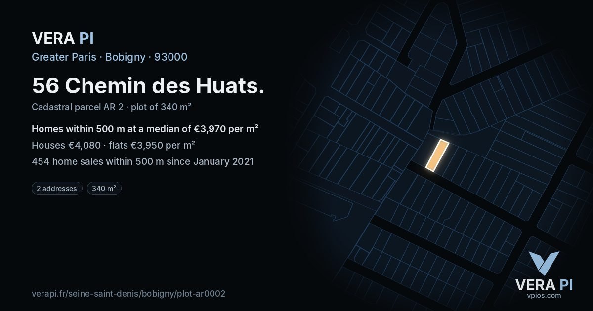 56 Chemin des Huats, Bobigny at night – the plot lit, the parcels around coloured by the prices near them
