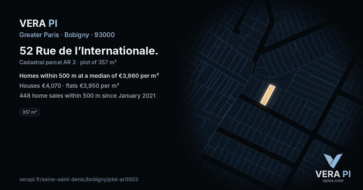 52 Rue de l’Internationale, Bobigny at night – the plot lit, the parcels around coloured by the prices near them