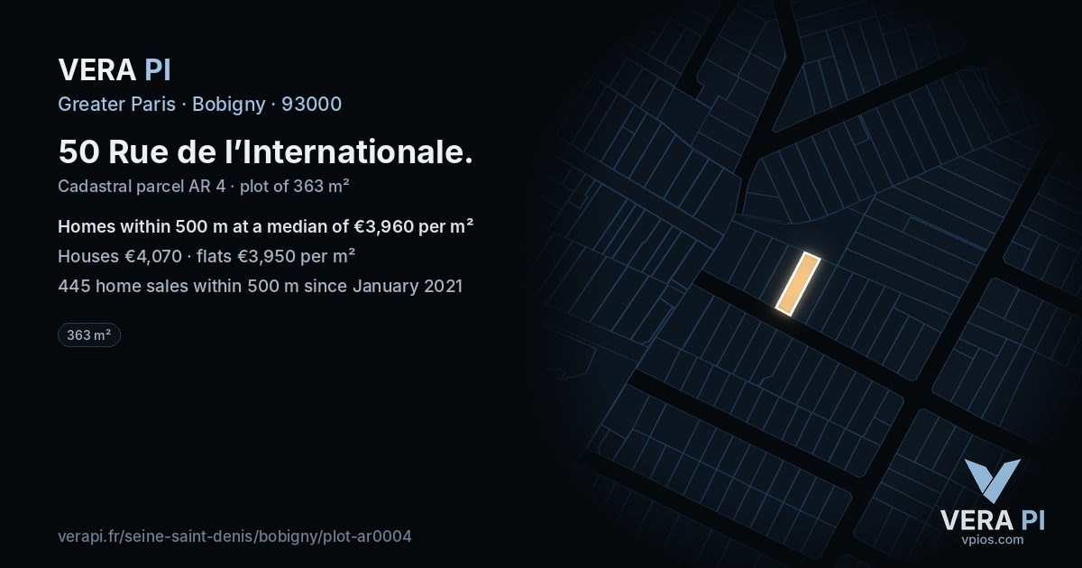 50 Rue de l’Internationale, Bobigny at night – the plot lit, the parcels around coloured by the prices near them