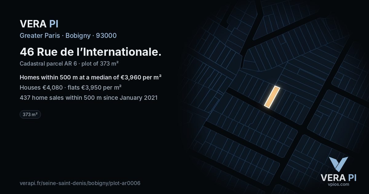 46 Rue de l’Internationale, Bobigny at night – the plot lit, the parcels around coloured by the prices near them