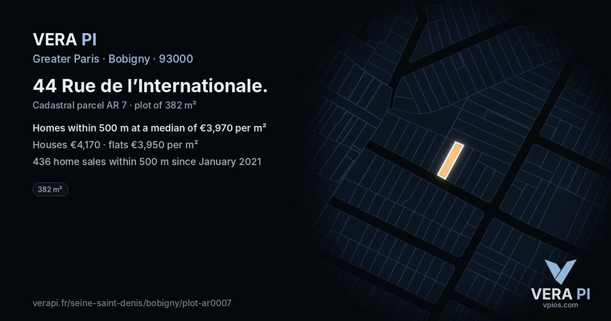 44 Rue de l’Internationale, Bobigny at night – the plot lit, the parcels around coloured by the prices near them