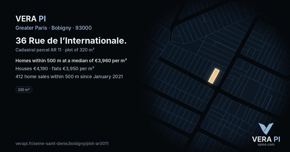 36 Rue de l’Internationale, Bobigny at night – the plot lit, the parcels around coloured by the prices near them
