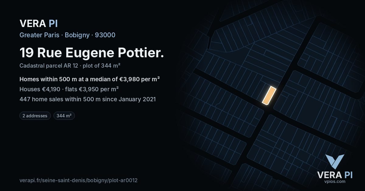 19 Rue Eugene Pottier, Bobigny at night – the plot lit, the parcels around coloured by the prices near them