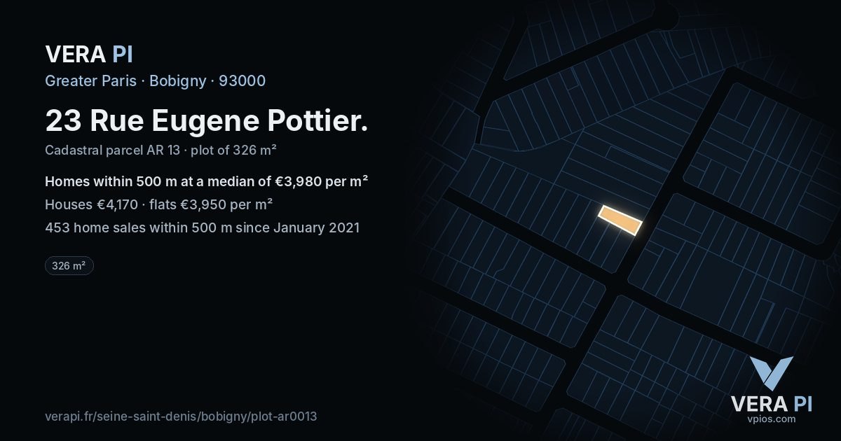 23 Rue Eugene Pottier, Bobigny at night – the plot lit, the parcels around coloured by the prices near them