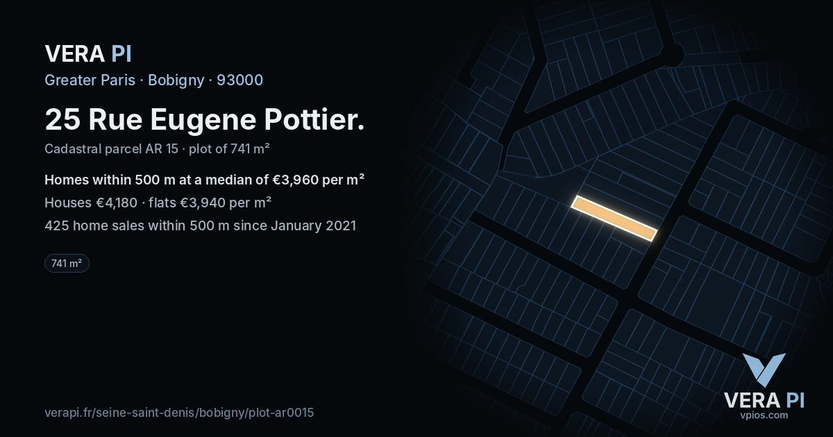 25 Rue Eugene Pottier, Bobigny at night – the plot lit, the parcels around coloured by the prices near them