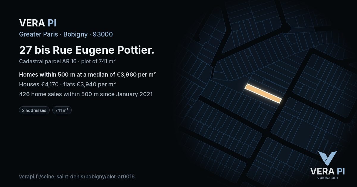 27 bis Rue Eugene Pottier, Bobigny at night – the plot lit, the parcels around coloured by the prices near them