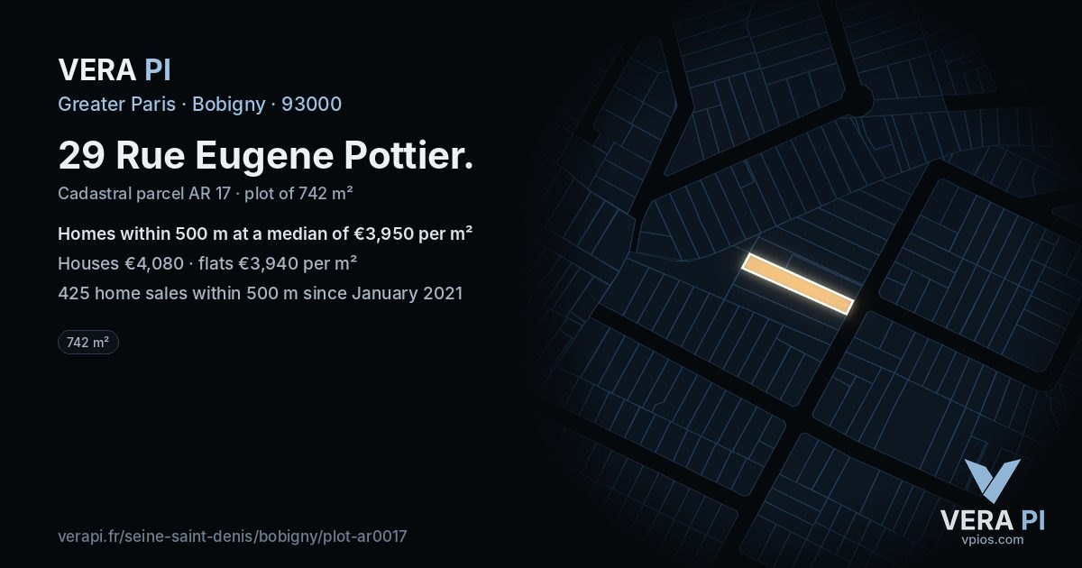 29 Rue Eugene Pottier, Bobigny at night – the plot lit, the parcels around coloured by the prices near them