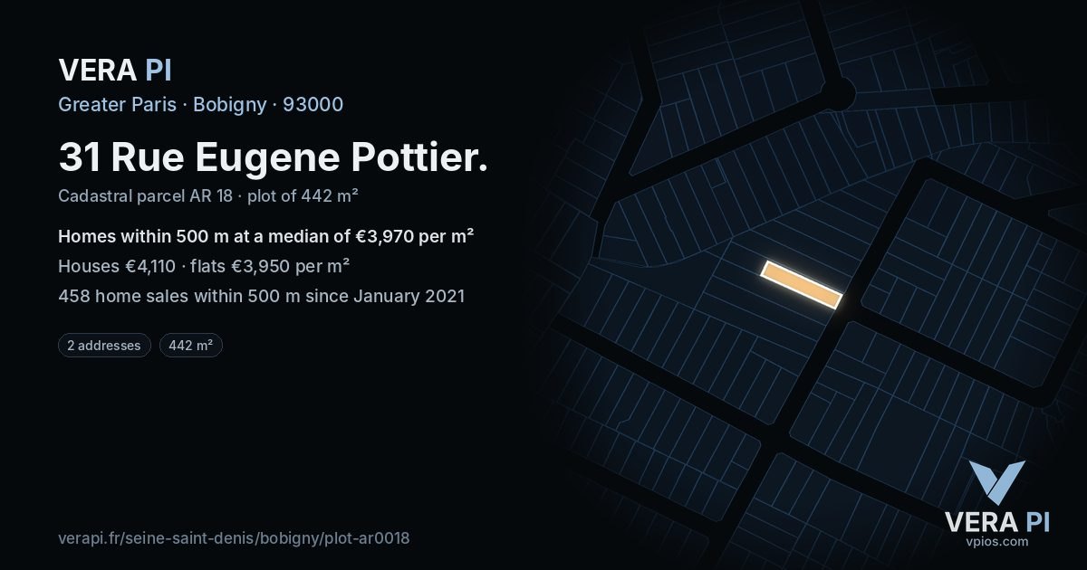 31 Rue Eugene Pottier, Bobigny at night – the plot lit, the parcels around coloured by the prices near them