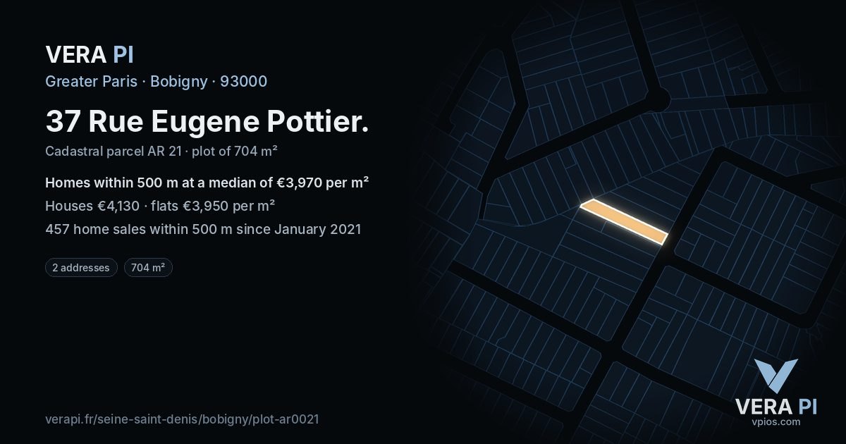 37 Rue Eugene Pottier, Bobigny at night – the plot lit, the parcels around coloured by the prices near them