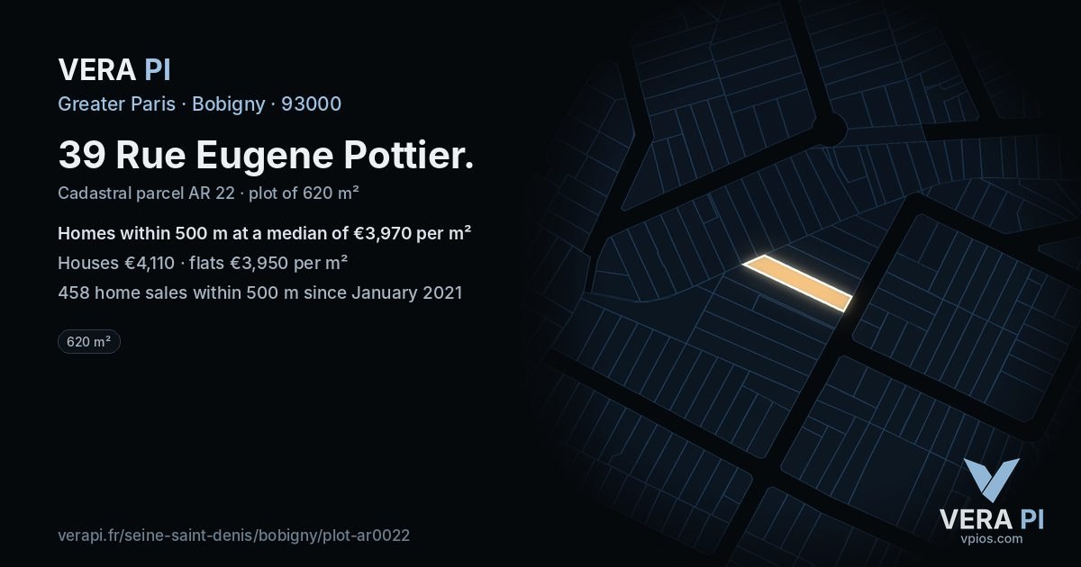 39 Rue Eugene Pottier, Bobigny at night – the plot lit, the parcels around coloured by the prices near them