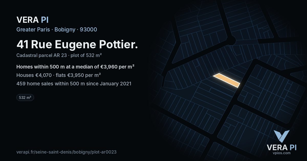 41 Rue Eugene Pottier, Bobigny at night – the plot lit, the parcels around coloured by the prices near them