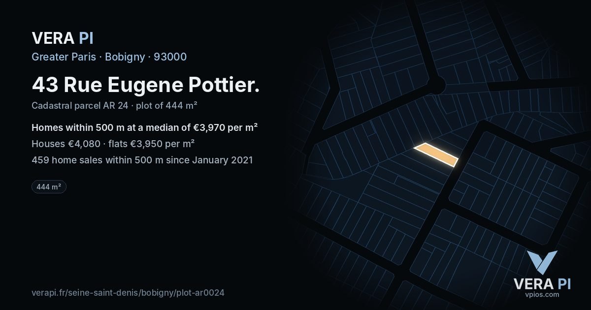 43 Rue Eugene Pottier, Bobigny at night – the plot lit, the parcels around coloured by the prices near them