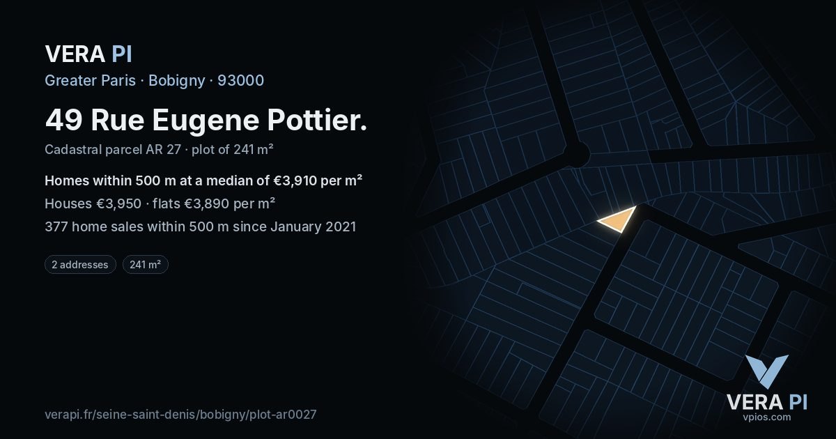 49 Rue Eugene Pottier, Bobigny at night – the plot lit, the parcels around coloured by the prices near them