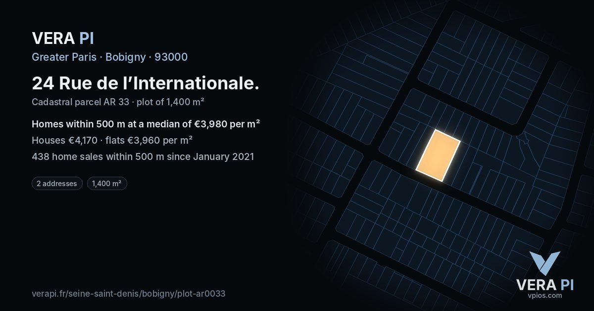 24 Rue de l’Internationale, Bobigny at night – the plot lit, the parcels around coloured by the prices near them