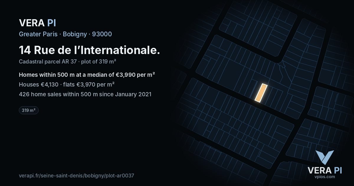 14 Rue de l’Internationale, Bobigny at night – the plot lit, the parcels around coloured by the prices near them