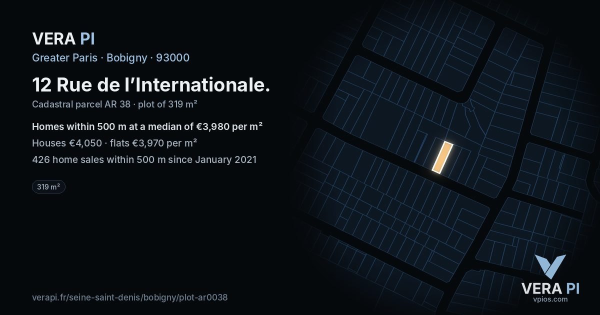 12 Rue de l’Internationale, Bobigny at night – the plot lit, the parcels around coloured by the prices near them