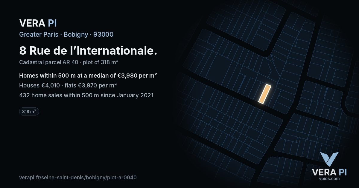 8 Rue de l’Internationale, Bobigny at night – the plot lit, the parcels around coloured by the prices near them