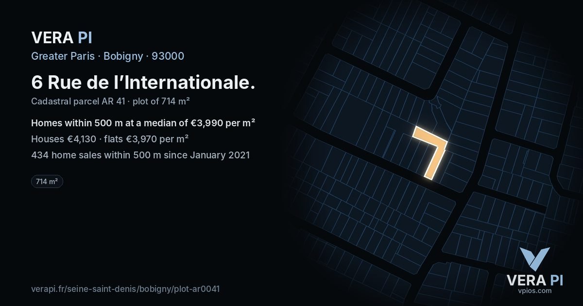 6 Rue de l’Internationale, Bobigny at night – the plot lit, the parcels around coloured by the prices near them