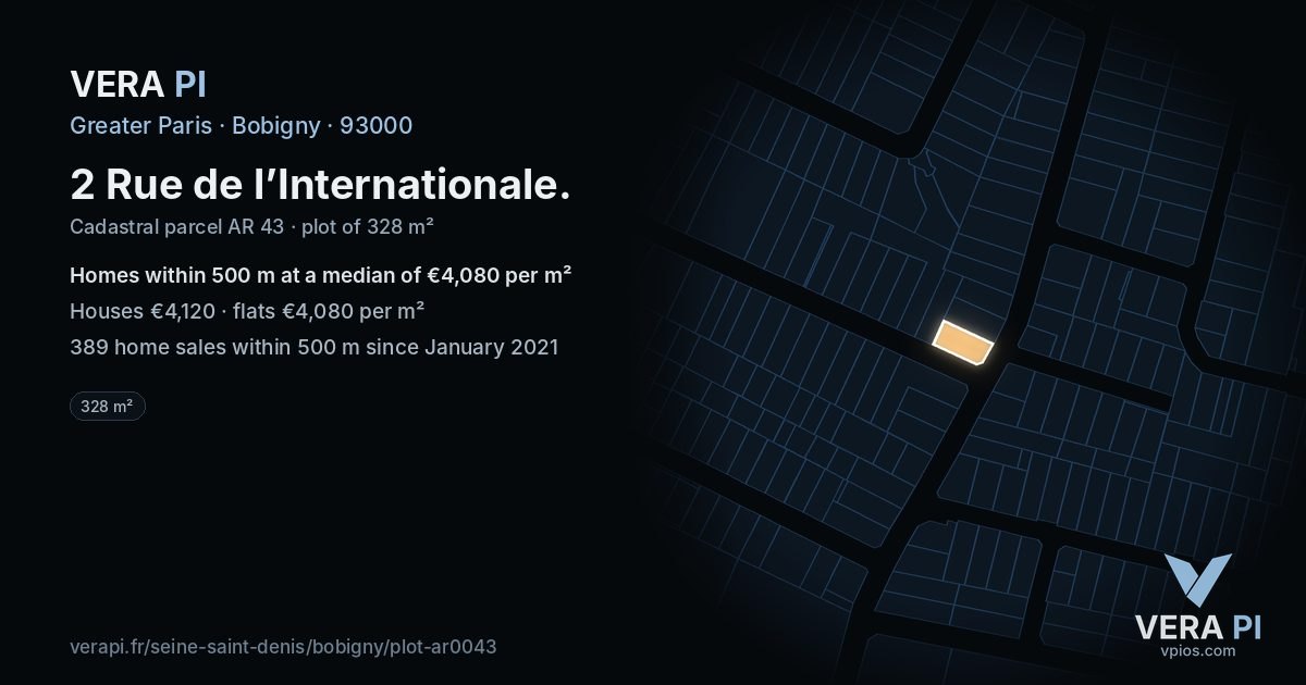 2 Rue de l’Internationale, Bobigny at night – the plot lit, the parcels around coloured by the prices near them