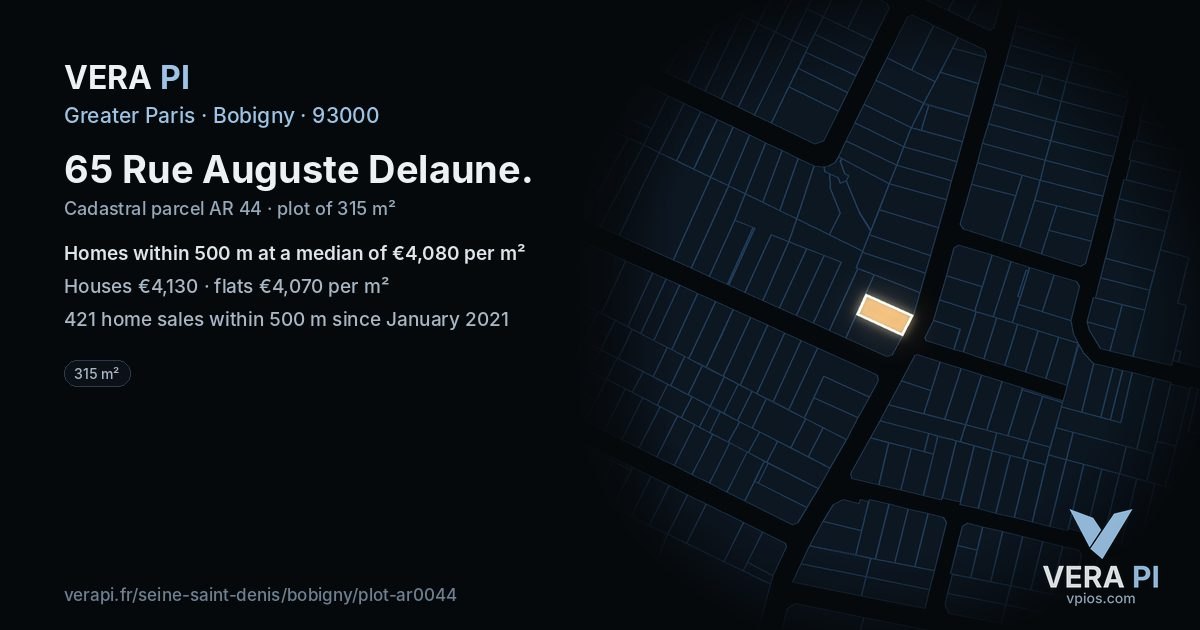 65 Rue Auguste Delaune, Bobigny at night – the plot lit, the parcels around coloured by the prices near them